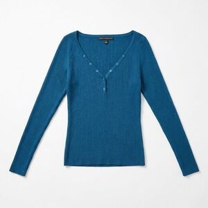 White House Black Market WHBM Size M Teal Ribbed Henley Sweater Pointelle V-Neck